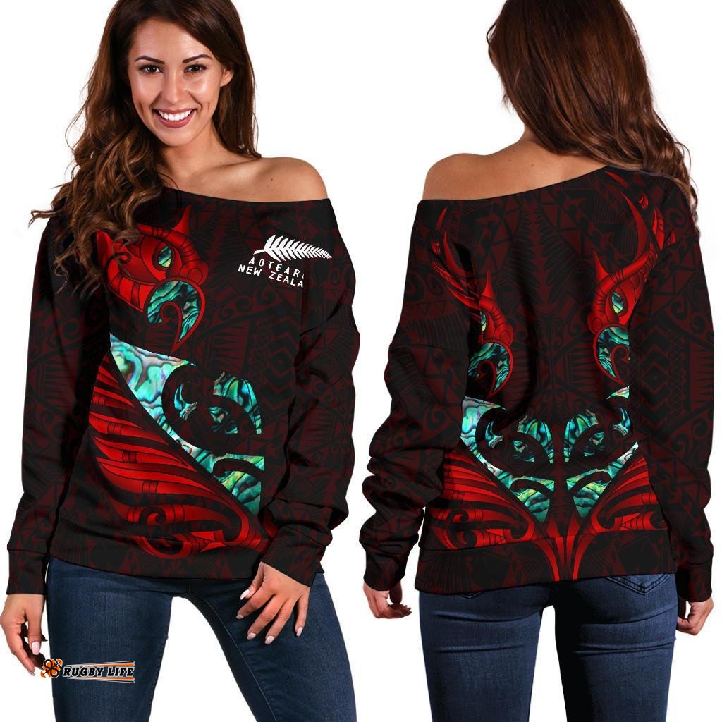 New Zealand Off Shoulder Sweater Manaia Paua Fern Wing Red