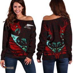 New Zealand Off Shoulder Sweater Manaia Paua Fern Wing Red