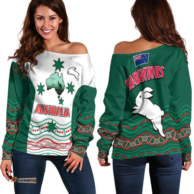 Rabbitohs Australia Day Women Off Shoulder Sweater Flag Map and Aboriginal Wave