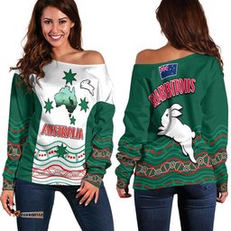 Rabbitohs Australia Day Women Off Shoulder Sweater Flag Map and Aboriginal Wave