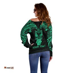 Personalised New Zealand Te Reo Maori Off Shoulder Sweater Kia Kaha Maori Language Week Green Style