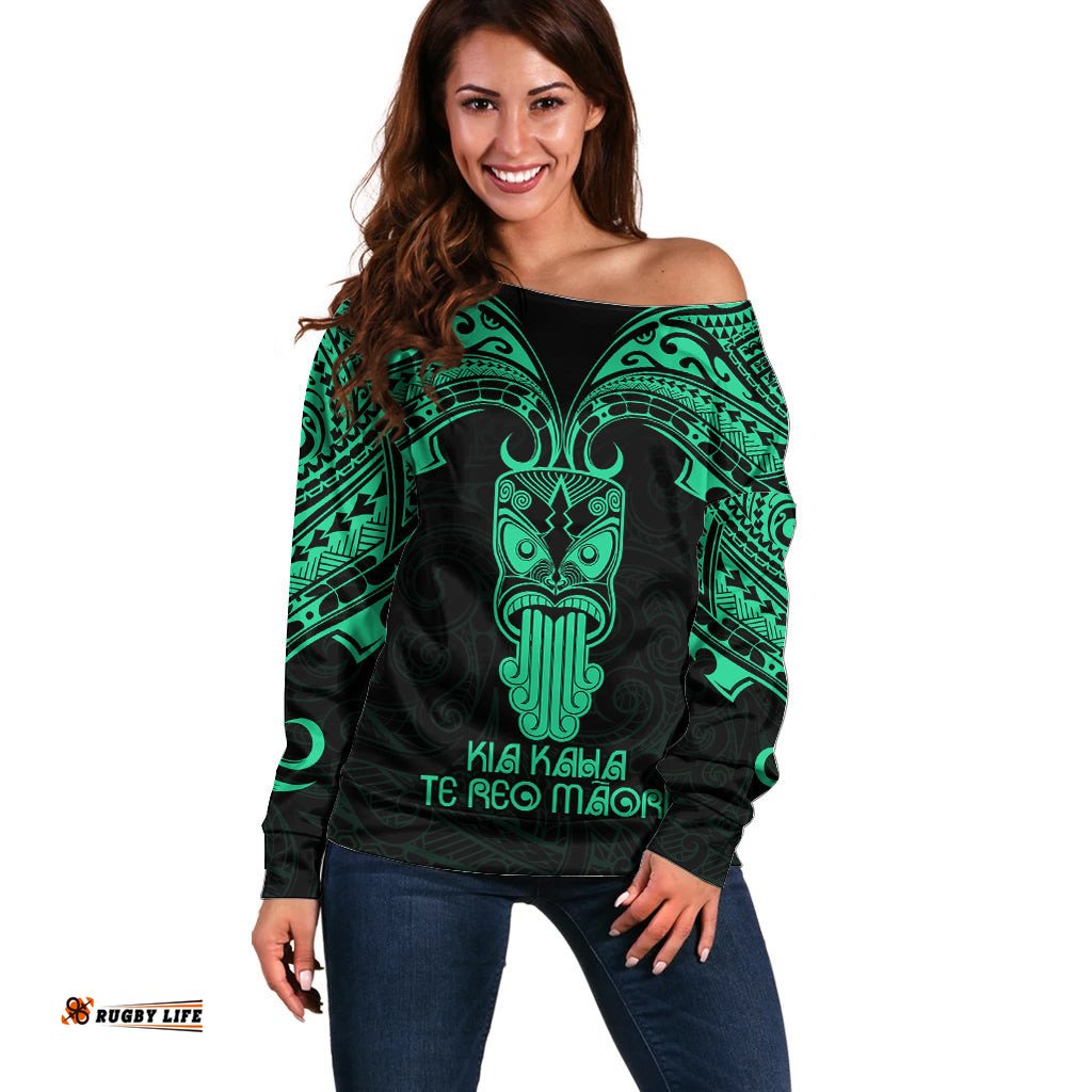 Personalised New Zealand Te Reo Maori Off Shoulder Sweater Kia Kaha Maori Language Week Green Style