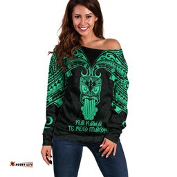Personalised New Zealand Te Reo Maori Off Shoulder Sweater Kia Kaha Maori Language Week Green Style