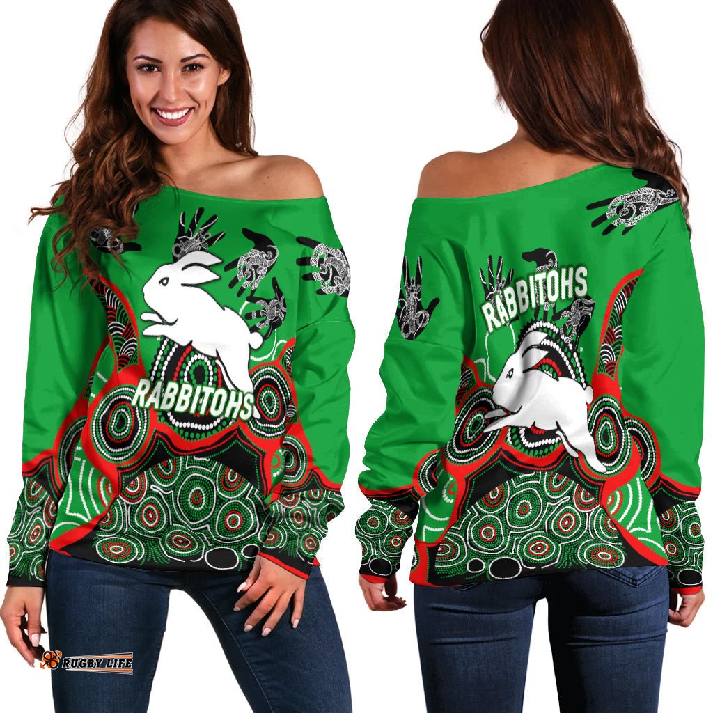 Rabbitohs Rugby Aboriginal Art Women Off Shoulder Sweater