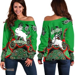 Rabbitohs Rugby Aboriginal Art Women Off Shoulder Sweater