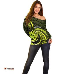 Lime Green New Zealand Mangopare Off Shoulder Sweater Aotearoa Maori Koru Style