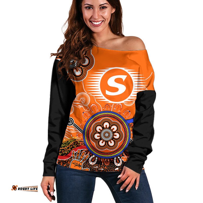 Perth Scorchers Women Off Shoulder Sweater Cricket Indigenous Aboriginal Lizard Version
