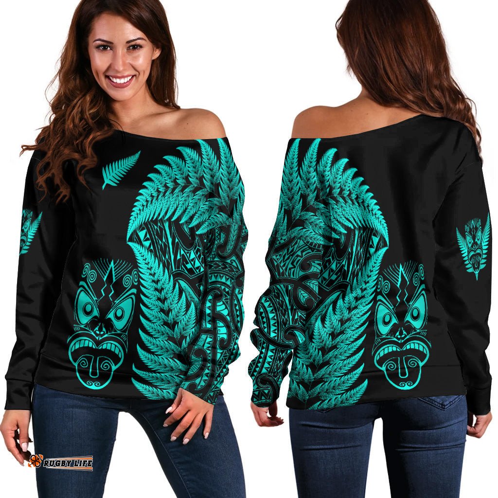 New Zealand Haka Rugby Maori Women Off Shoulder Sweater Silver Fern Vibes Turquoise