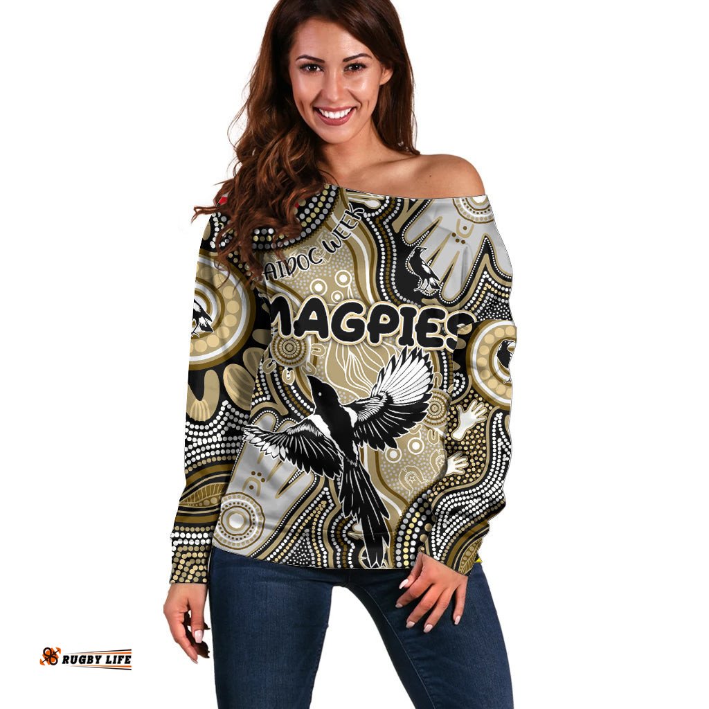 Personalised NAIDOC Week 2024 Collingwood Magpies Off Shoulder Sweater Australian Aboriginal Hand Painting