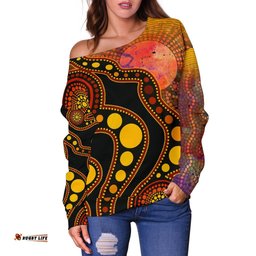 Aboriginal Women's Off Shoulder Sweater Australia Indigenous Flag Circle Dot Painting Art Golden