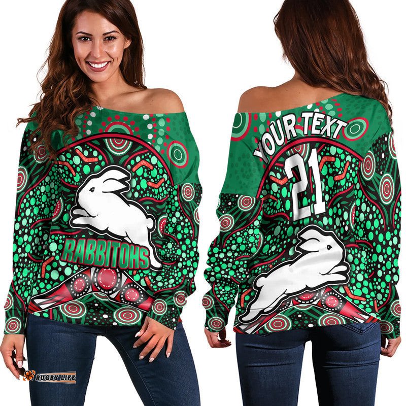 Custom Personalised South Sydney Indigenous Rabbitohs Dot Art Style Women Off Shoulder Sweater