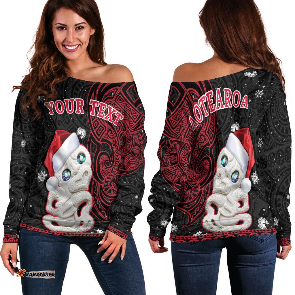Custom Personalised New Zealand Christmas Off Shoulder Sweater Hei Tiki Red Pohutukawa Meri Kirihimete