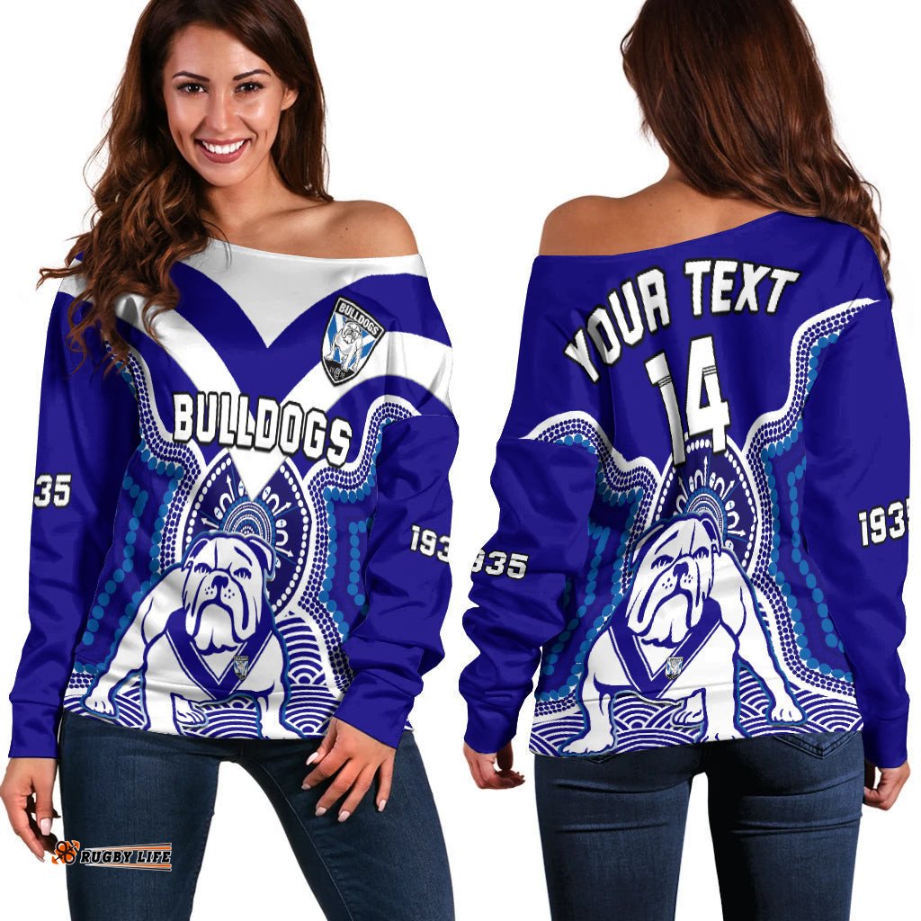 Custom Text And Number Bulldogs Rugby Off Shoulder Sweater Canterbury Bankstown 1935 Indigenous Artsy