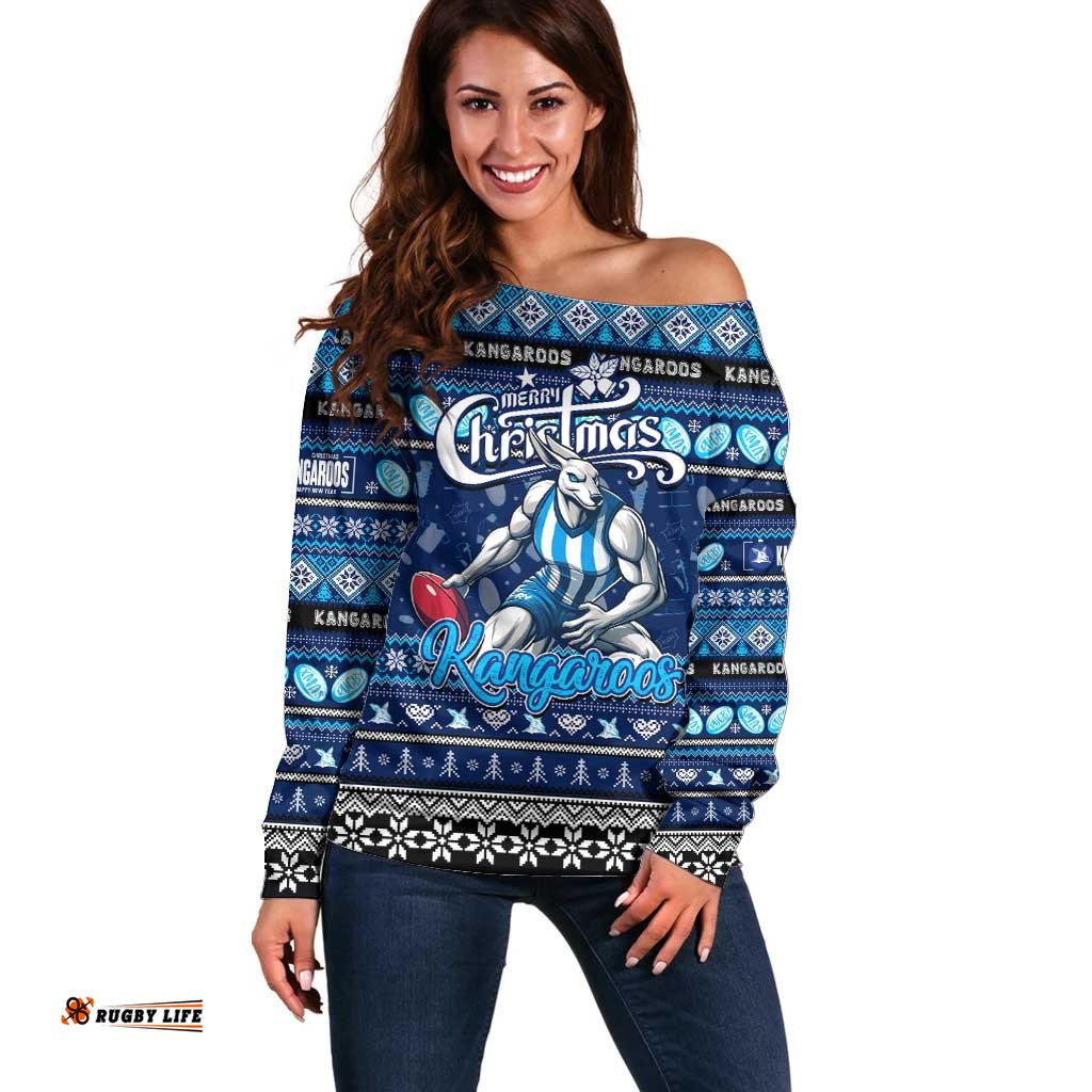 Personalized Kangaroos Football Xmas Off Shoulder Sweater Australia AFL Mascot