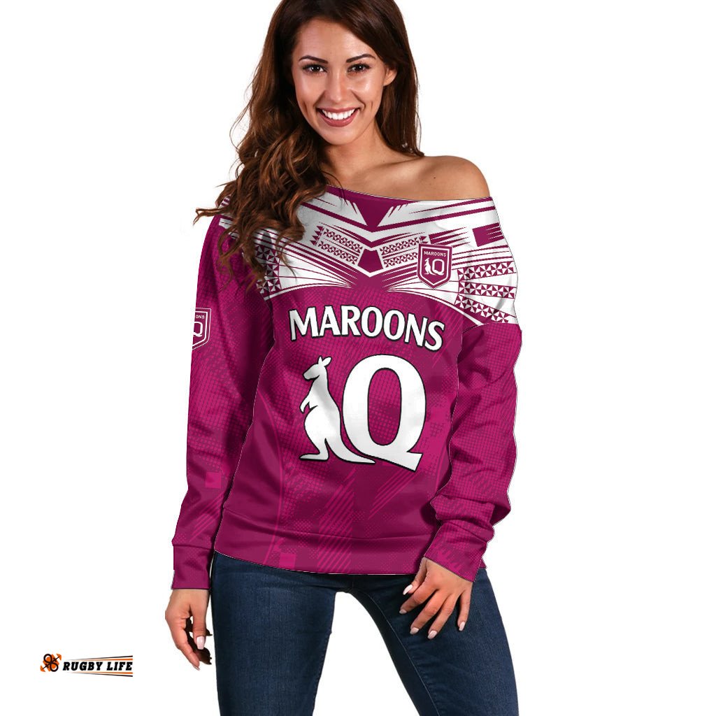 Queensland Maroon Rugby Off Shoulder Sweater Origin Queensland Sporty Style