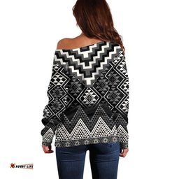 Black Taniko Aotearoa Off Shoulder Sweater Niho Taniwha Mix Poutama