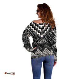 Black Taniko Aotearoa Off Shoulder Sweater Niho Taniwha Mix Poutama