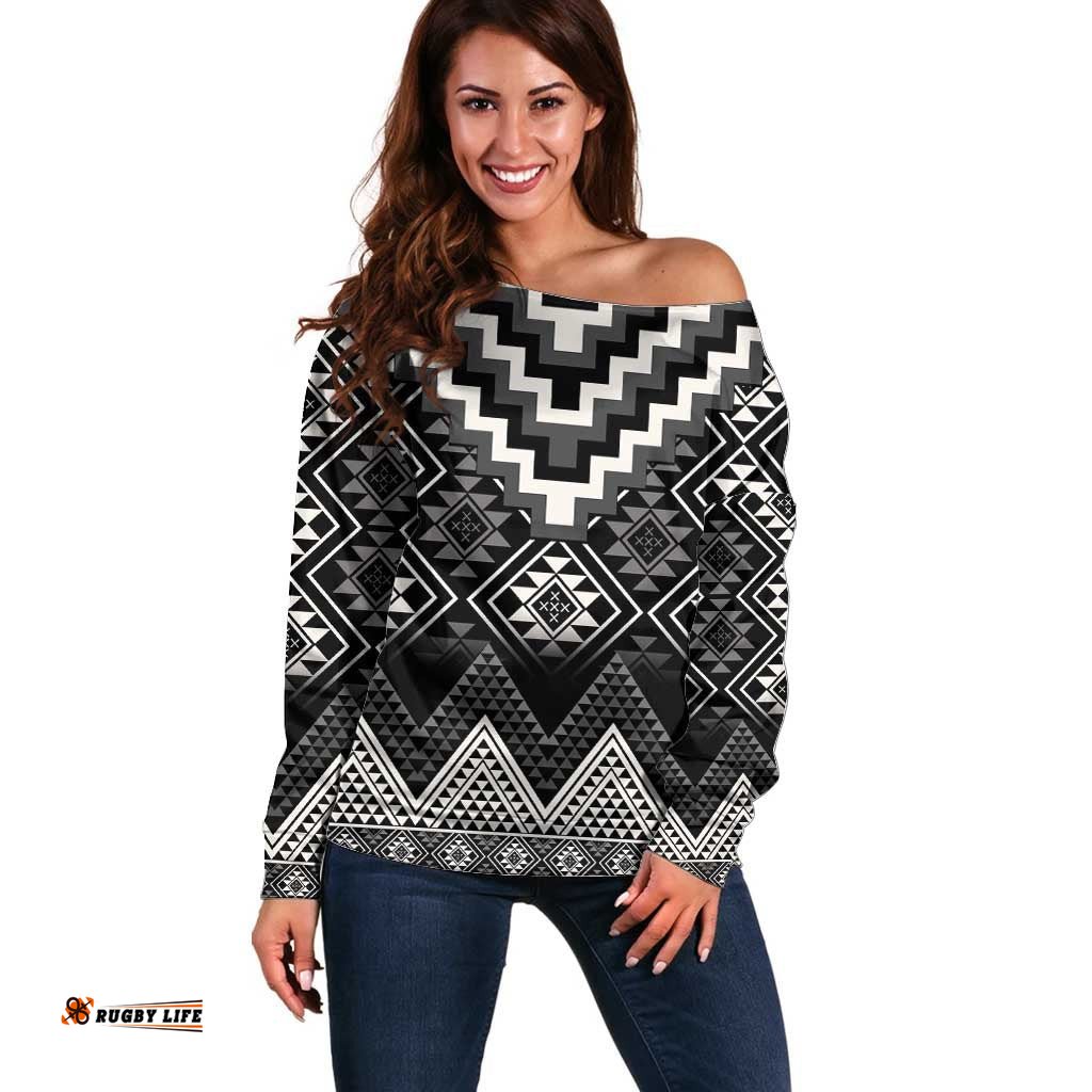 Black Taniko Aotearoa Off Shoulder Sweater Niho Taniwha Mix Poutama