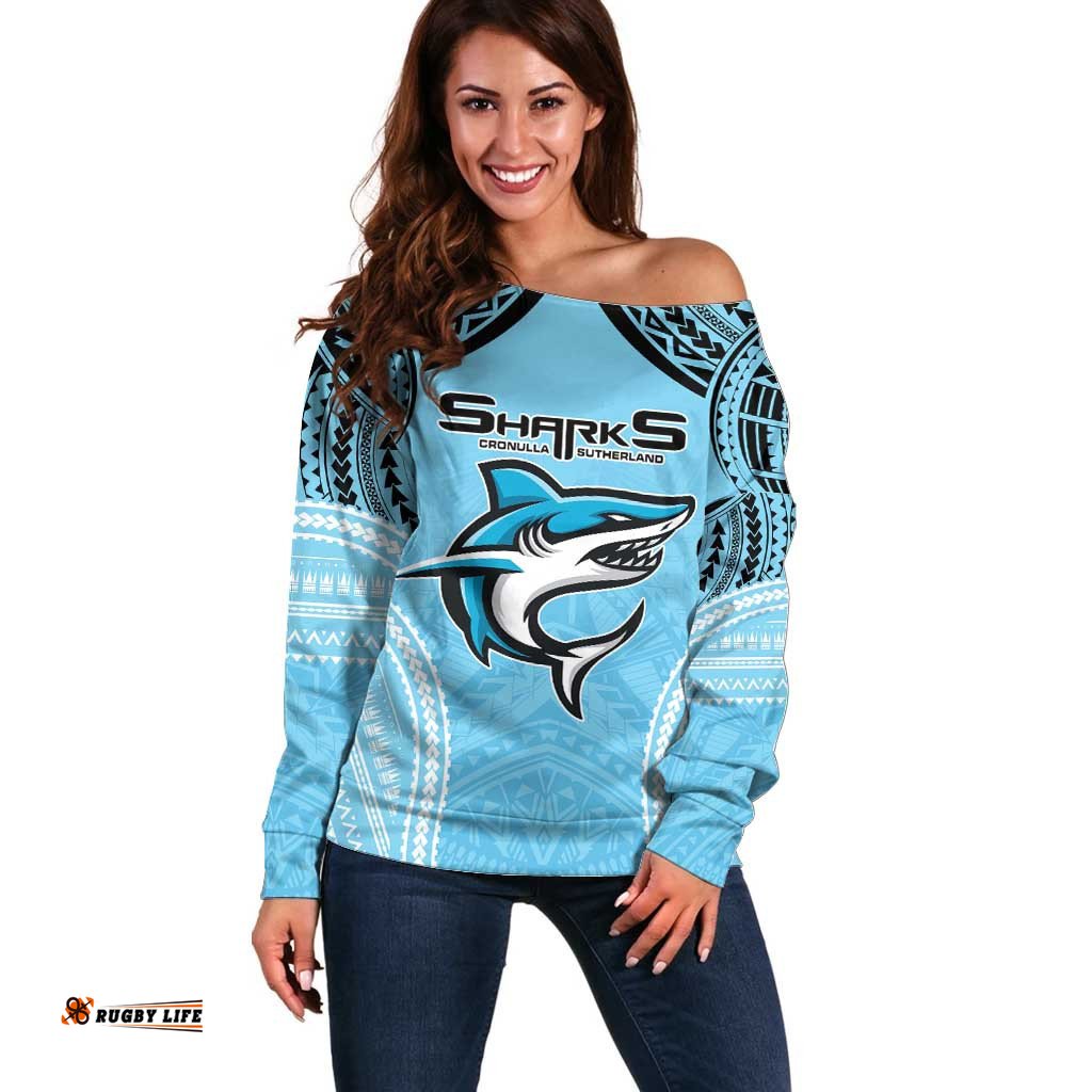Sharks Rugby Custom Off Shoulder Sweater With Polynesian Style