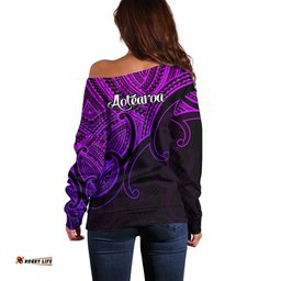 Aotearoa Maori Koru Off Shoulder Sweater Polynesian Pacific Tribal Purple