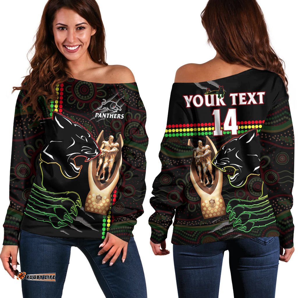 Custom Personalised Panthers Rugby Off Shoulder Sweater The Riff Premiers Aboriginal Art