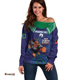 Custom NRL Warriors NAIDOC Week Off Shoulder Sweater Keep The Fire Burning Indigenous Art