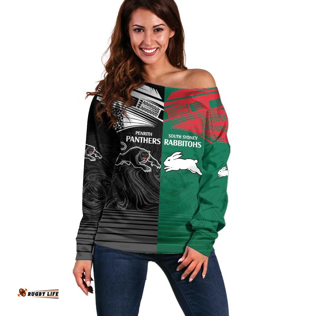 Custom Rabbitohs Panthers Off Shoulder Sweater NRL Tribal Half Style