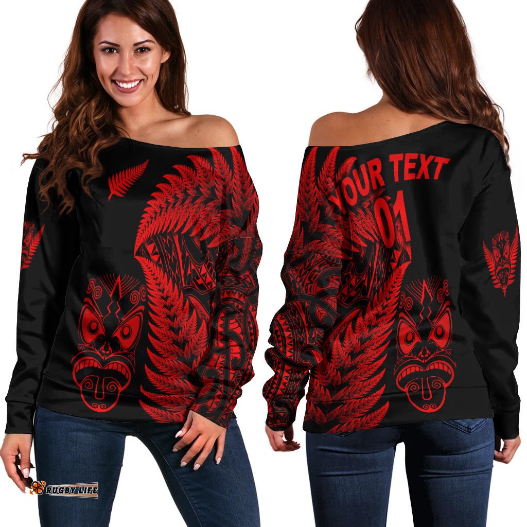 Custom Personalised New Zealand Haka Rugby Maori Women Off Shoulder Sweater Silver Fern Vibes Red