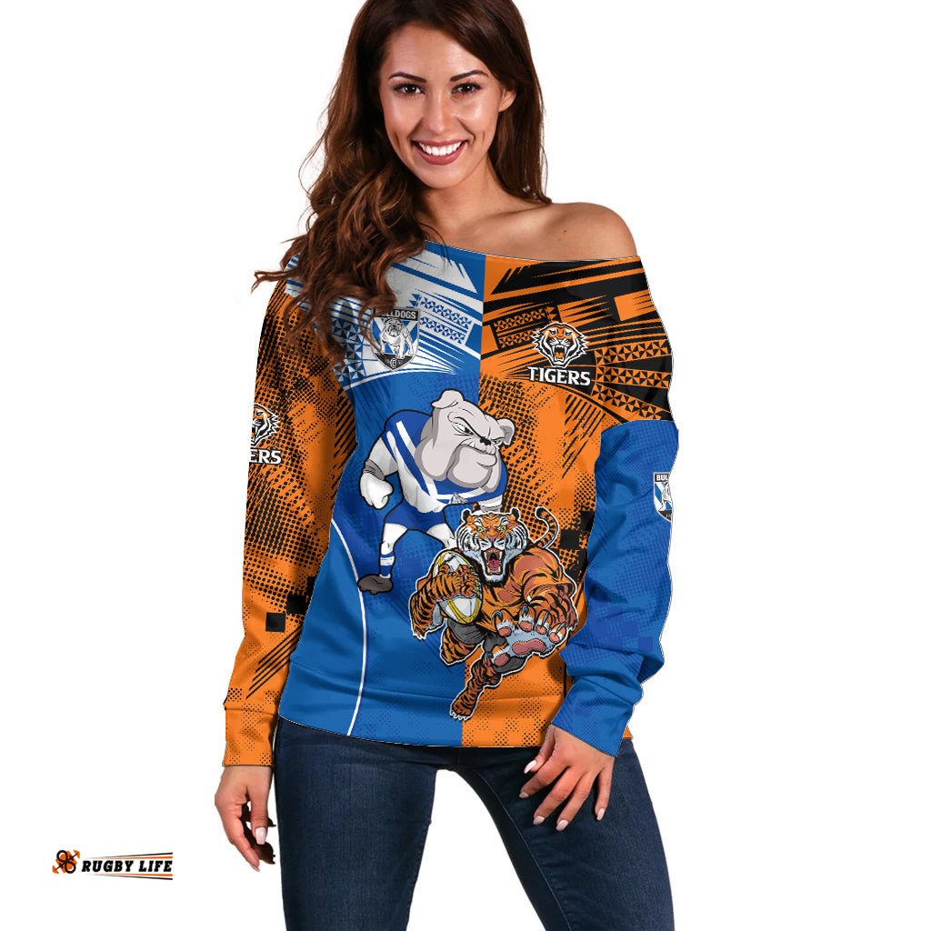 Custom Bulldogs and Tigers Off Shoulder Sweater Rugby Mascot With Sporty Style