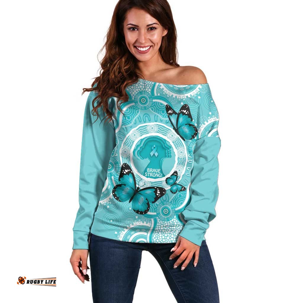 Australia Cervical Cancer Awareness Month Off Shoulder Sweater Brave Strong Butterfly Aboriginal Art
