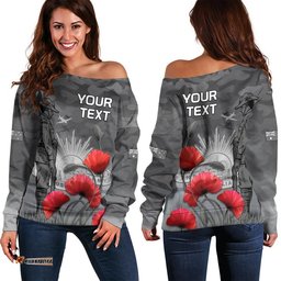 Custom Personalised Remembrance Day Women Off Shoulder Sweater Soldier Australian Army Rising Sun With Red Poppy