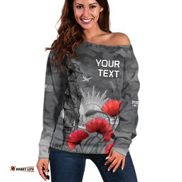 Custom Personalised Remembrance Day Women Off Shoulder Sweater Soldier Australian Army Rising Sun With Red Poppy