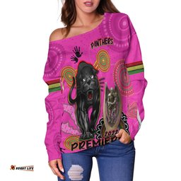 Custom Personalised Panthers Off Shoulder Sweater Aboriginal Premiers We Are The Champions With Trophy