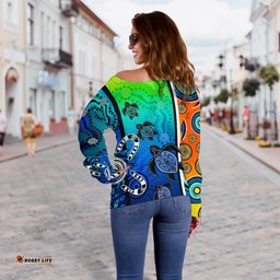 Aboriginal Women's Off Shoulder Sweater Indigenous Turtle Dot Painting Art