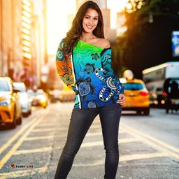 Aboriginal Women's Off Shoulder Sweater Indigenous Turtle Dot Painting Art