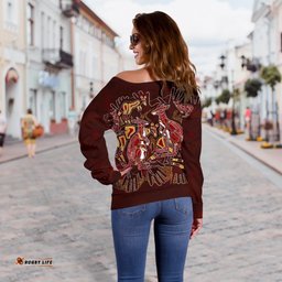 Aboriginal Women's Off Shoulder Sweater Kangaroo family with Hand Art