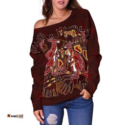 Aboriginal Women's Off Shoulder Sweater Kangaroo family with Hand Art