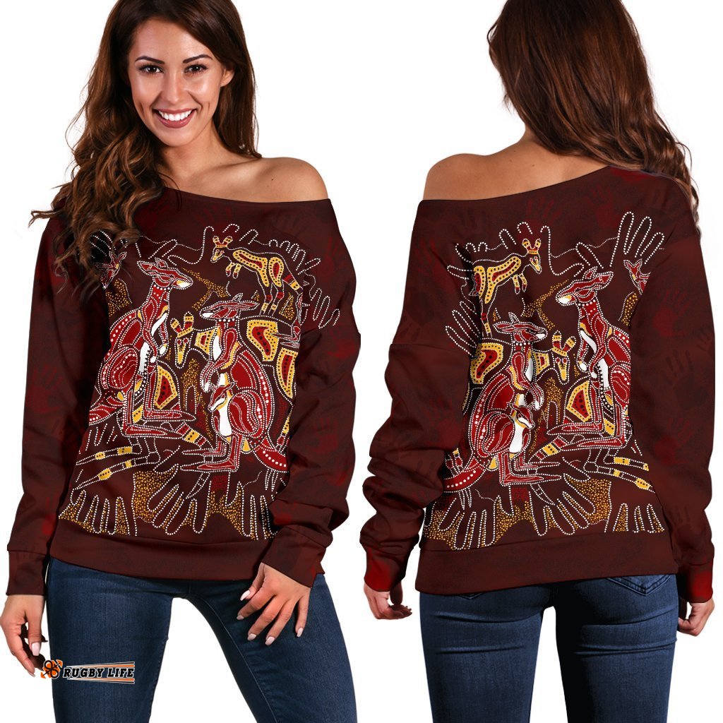 Aboriginal Women's Off Shoulder Sweater Kangaroo family with Hand Art