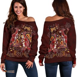 Aboriginal Women's Off Shoulder Sweater Kangaroo family with Hand Art