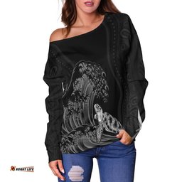 Custom Personalised Torres Strait Islands Off Shoulder Sweater The Dhari Mix Aboriginal Turtle Version Black