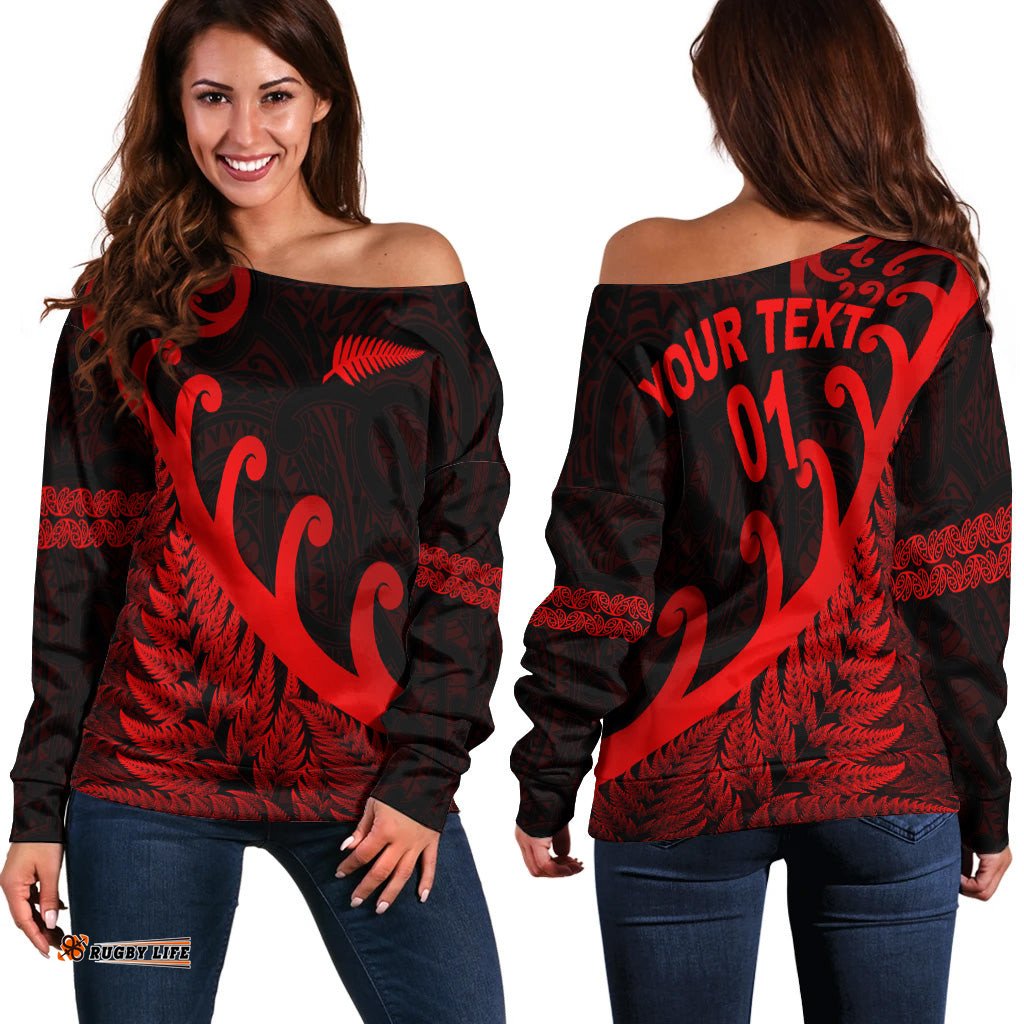 Custom Personalised New Zealand Rugby Maori Women Off Shoulder Sweater Silver Fern Koru Vibes Red