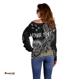 Personalised NAIDOC Week AFL Magpies Off Shoulder Sweater Aboriginal Dot Art Lizard Mix Boomerang