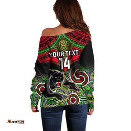 Personalised Panthers Rugby Off Shoulder Sweater Penrith 1966 Aboriginal Mix Polynesian Pattern