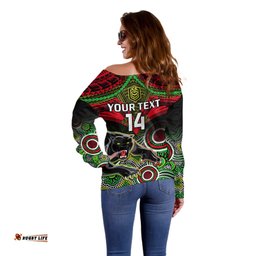 Personalised Panthers Rugby Off Shoulder Sweater Penrith 1966 Aboriginal Mix Polynesian Pattern