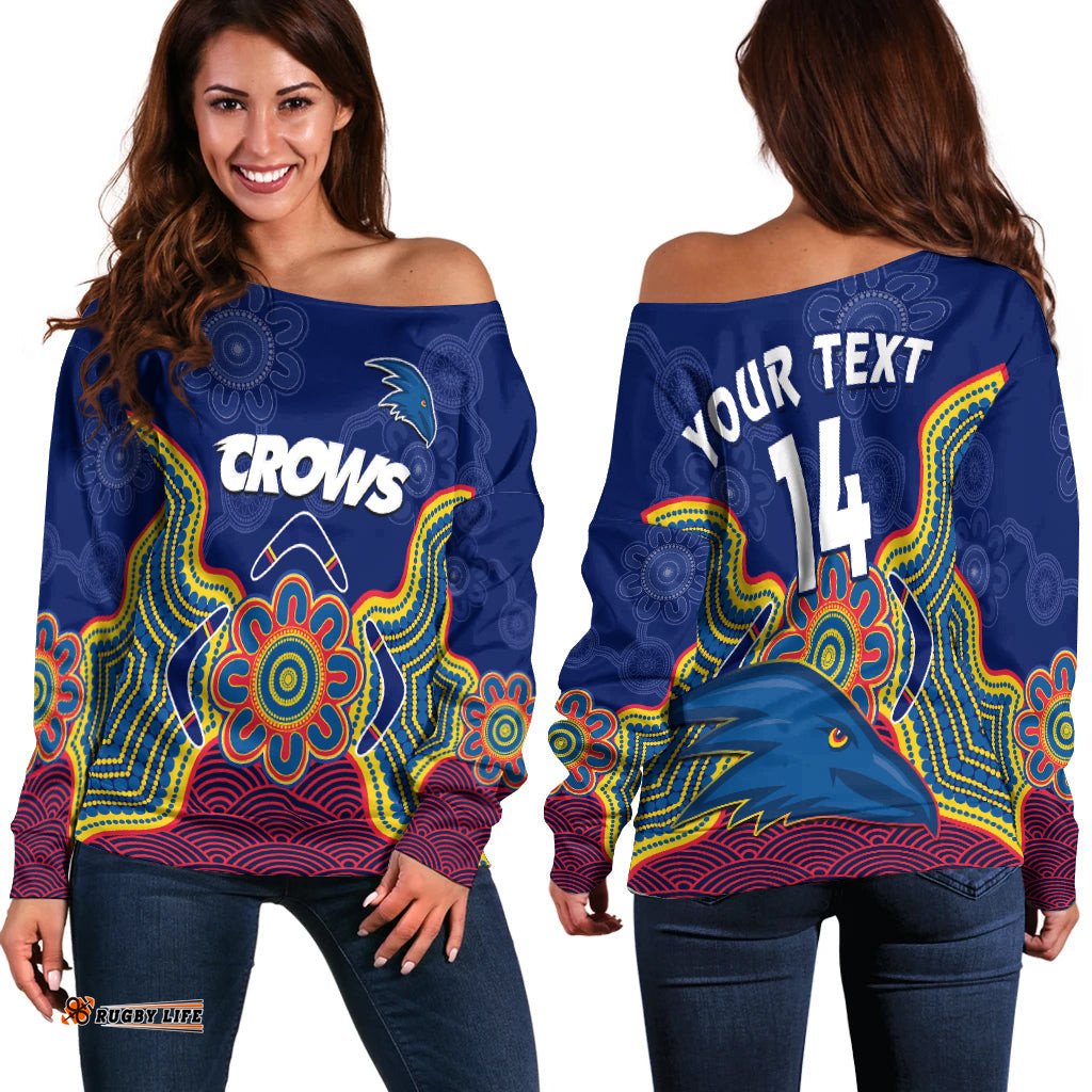 Custom Text And Number Adelaide Football Off Shoulder Sweater Crows Aboriginal Art