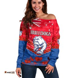 Custom Personalised Western Bulldogs Football ANZAC Women Off Shoulder Sweater Lest We Forget