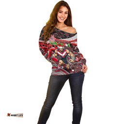 Merry Christmas AFL Bombers Off Shoulder Sweater Aboriginal Santa Football Mascot