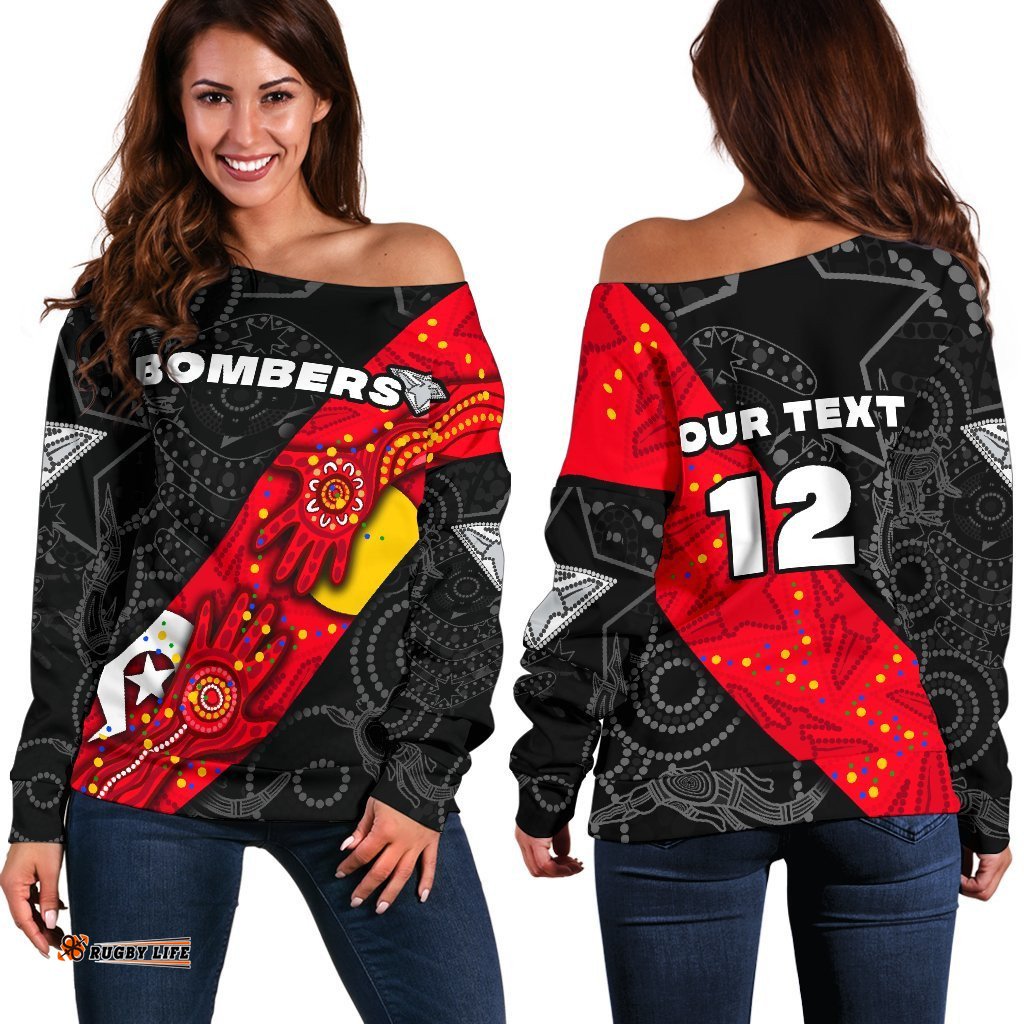 Custom Personalised Bombers Naidoc Week Women's Off Shoulder Sweater Essendon Ingenious Custom Text and Number 04