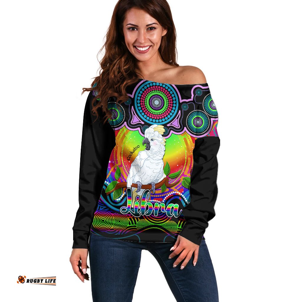 Personalised Australia Libra Cockatoo Zodiac Off Shoulder Sweater Auz Astrology Aboriginal Rainbow