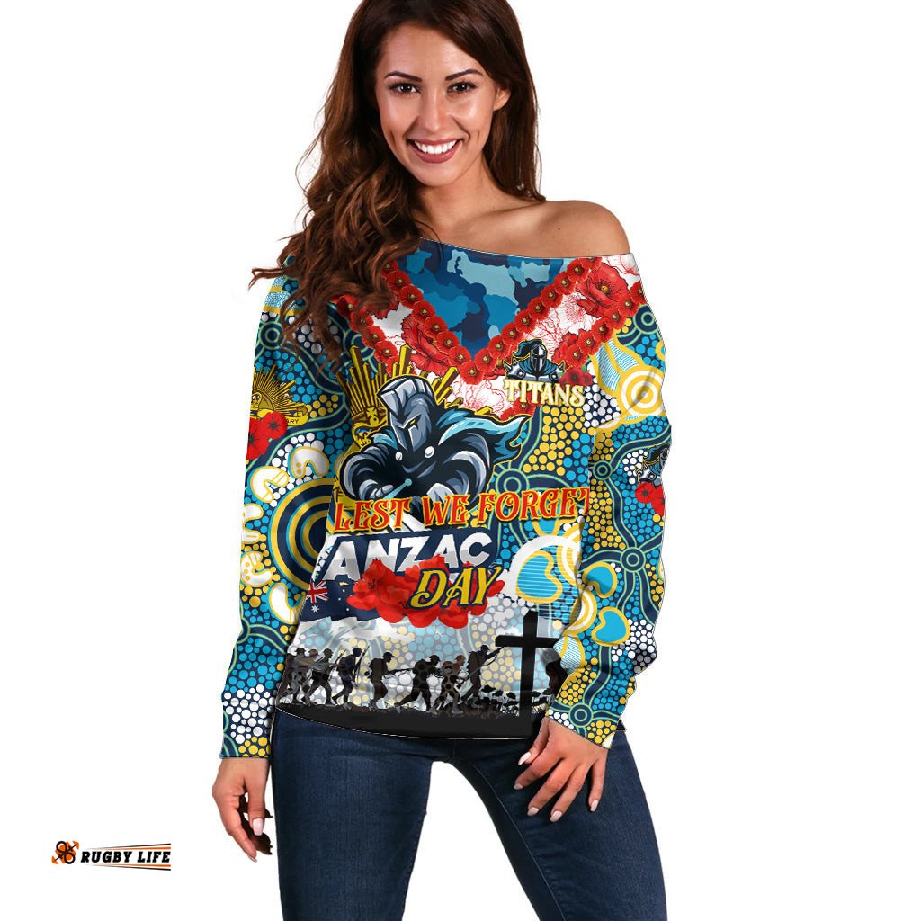 Personalised Titans ANZAC Day Off Shoulder Sweater Aboriginal Rising Sun